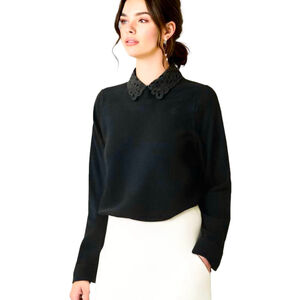 Club Monaco 100% Merino Wool Sweater Eyelet Lace Collar Keyhole Back Black XS